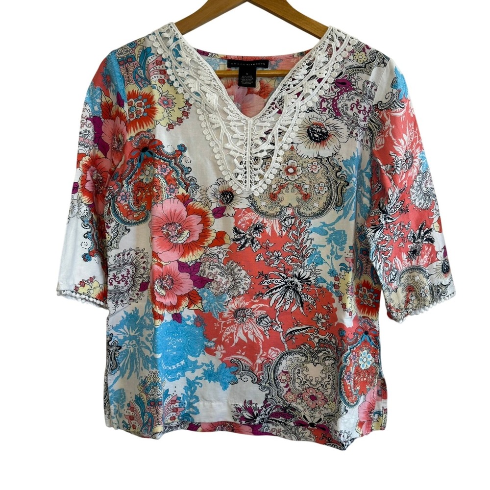 GRACE‎ ELEMENTS Linen Blend Tunic S Floral V-Neck Crochet Boho Artsy Resort